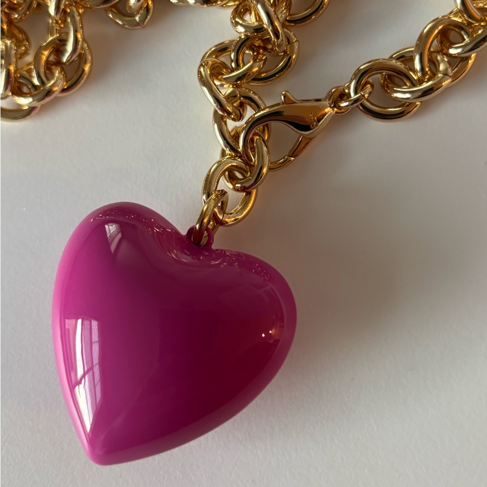 Roxanne Assoulin Gold Chain Necklace with Hot Pink Heart Pendant - Picture 2 of 5
